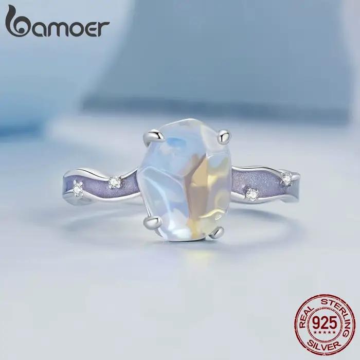 Bamoer solide 925 en argent Sterling violet pierre Aurora bague vague bande anneau pour les femmes fête bijoux fins cadeau
