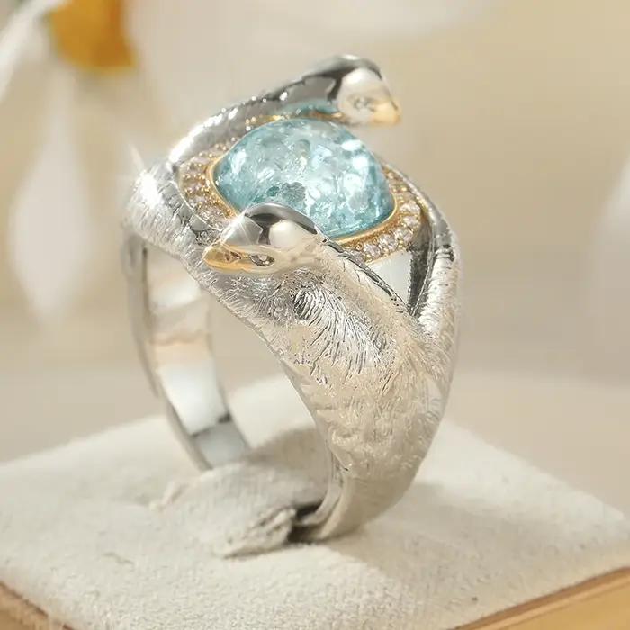 Bague Cygne Faite à la Main Élégante et Étincelante avec Zirconium Synthétique Bleu Incrusté pour Femme, Bijou de Luxe Délicat pour Banquet et Anniversaire
