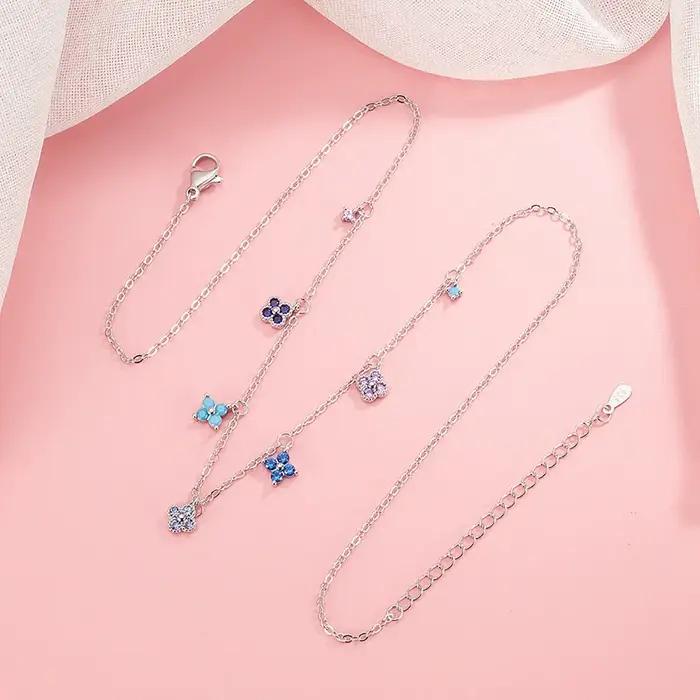 Bracelet et Chevillère en Argent Sterling 925 Nouveau Trèfle à Quatre Feuilles Multicolore Diamant Scintillant Accessoires de Collier Cadeau Occasions Spéciales