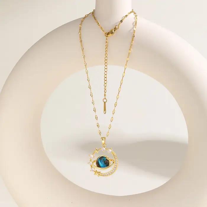 Collier planète en Zircon mental de luxe léger pour femmes, collier chaîne à lèvres en acier inoxydable, cadeau de bijoux étanche