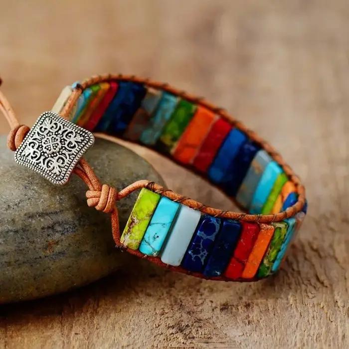 Bracelet à Main Tressé aux Perles Colorées avec Pierres pour Femmes Occasions Spéciales Fantaisie Bohème Cadeau