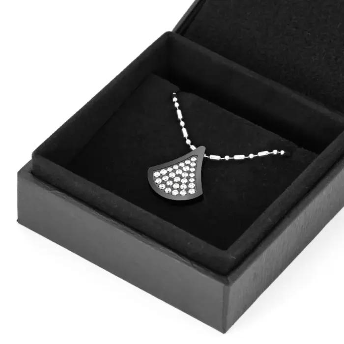 Collier pendentif éventail en acier inoxydable 316L plaqué PVD noir avec incrustation pavé de zirconium pour homme et femme occasions spéciales