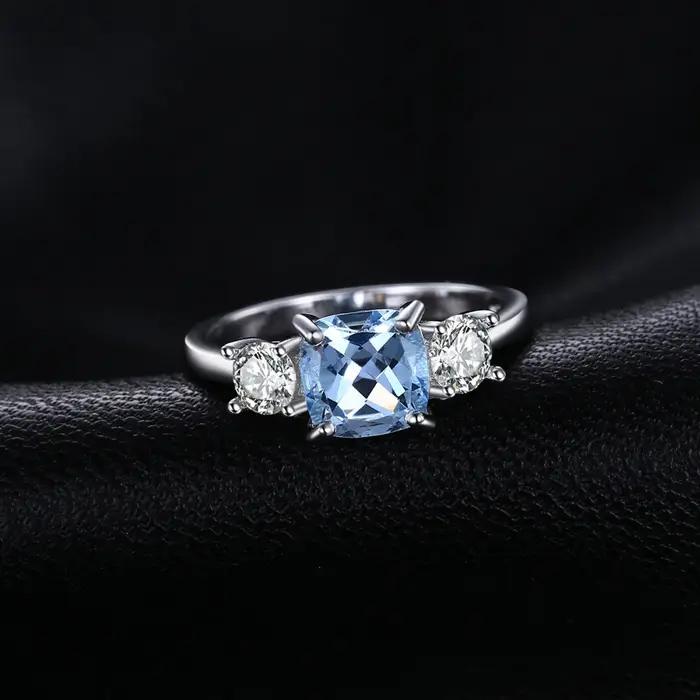 1.9ct carré naturel bleu ciel topaze 925 en argent Sterling 3 bague en pierre pour les femmes pierres précieuses bijoux