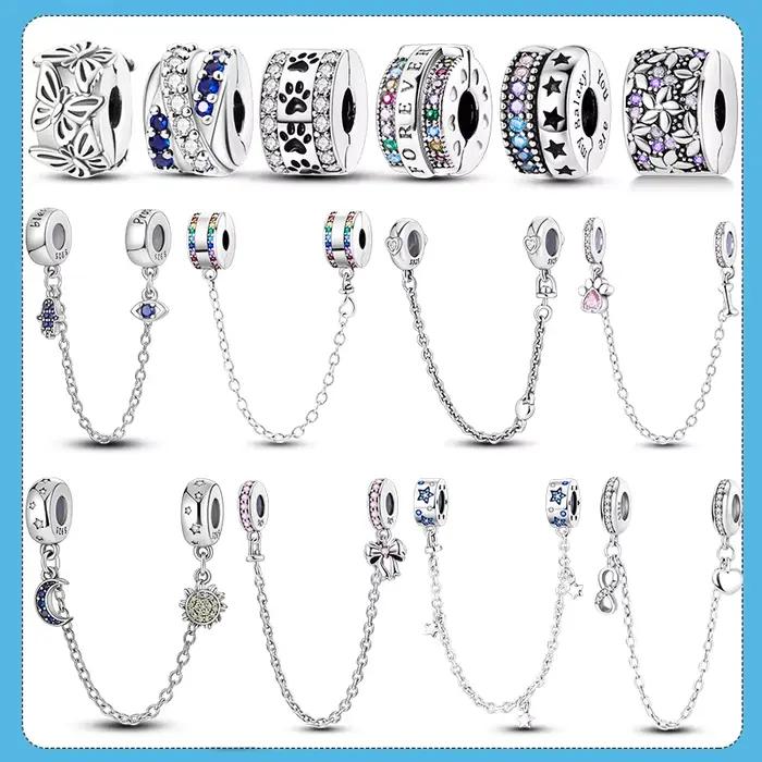 Chaîne de sécurité en argent 925, motif bande de cœurs, perles de charme pour bracelet original, bijoux DIY