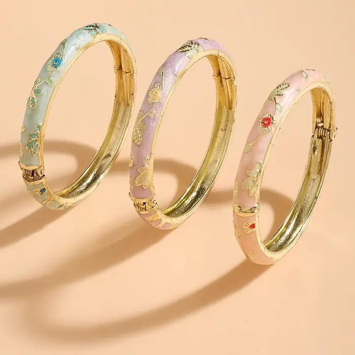FTCY 3 pièces fine petite fleur émail bracelet pour femmes rétro cloisonné Bracelet couleur or plaqu