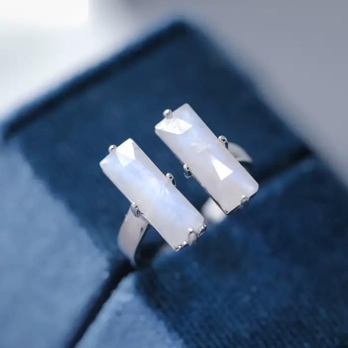 Bague de fiançailles en pierre de lune naturelle, coupe Baguette, en argent Sterling 925, bande réglable pour femmes, pierre bleue, cadeaux de promsie