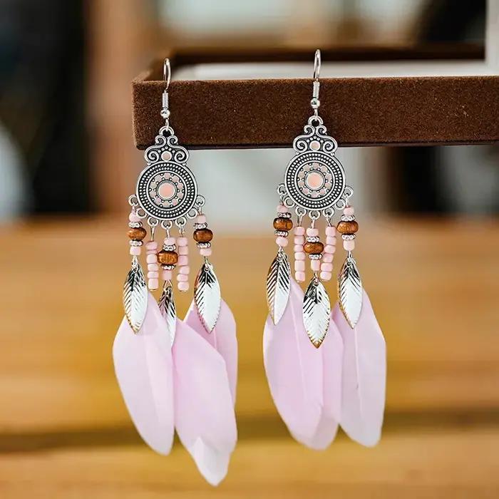 Boucles d'oreilles bohème ethniques en plumes pour femmes