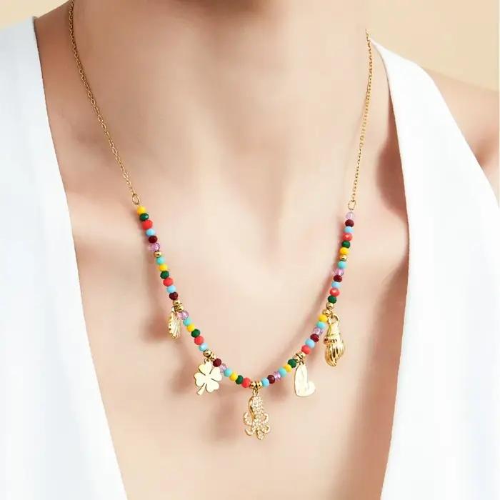 Collier de perles multicolores en acier inoxydable plaqué or 18 carats