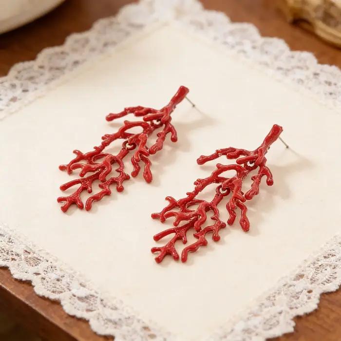 Boucles d'Oreilles Exquises en Émail Rouge et Corail pour Femmes Style Océan et Bohème Occasions Spéciales