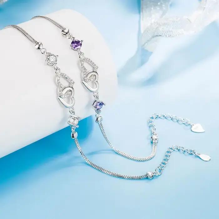 Bracelet en argent Sterling S925 incrusté d'améthyste orné de Zircon en forme de cœur pour femmes