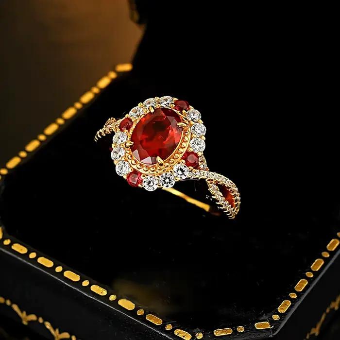 Vinregem 6*8MM taille ovale rubis haute teneur en carbone diamant gemmes bague Vintage pour les femmes 925 en argent Sterling fiançailles de mariage bijoux fins