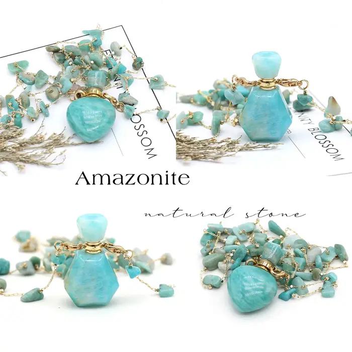 Collier bouteille de parfum Amazonite, pendentif en pierre en forme de cœur, diffuseur d'huile essentielle, breloques pour femmes et hommes, accessoires de bijoux