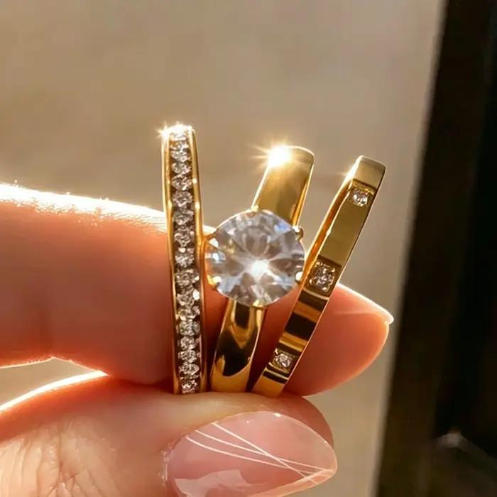 Yupsk – Lot de 3 bagues en acier inoxydable avec zircon synthétique brillant pour femme – Style simp