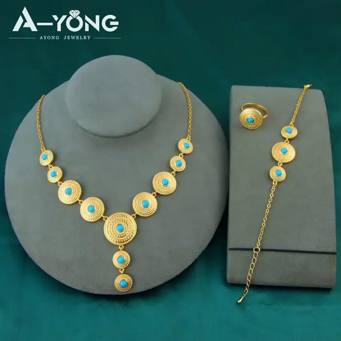 Ensemble de bijoux Turquoise plaqué or 24 carats, collier de mariée éthiopien, Bracelet, boucles d'oreilles, bijoux de mariage pour femmes arabes, mode dubaï