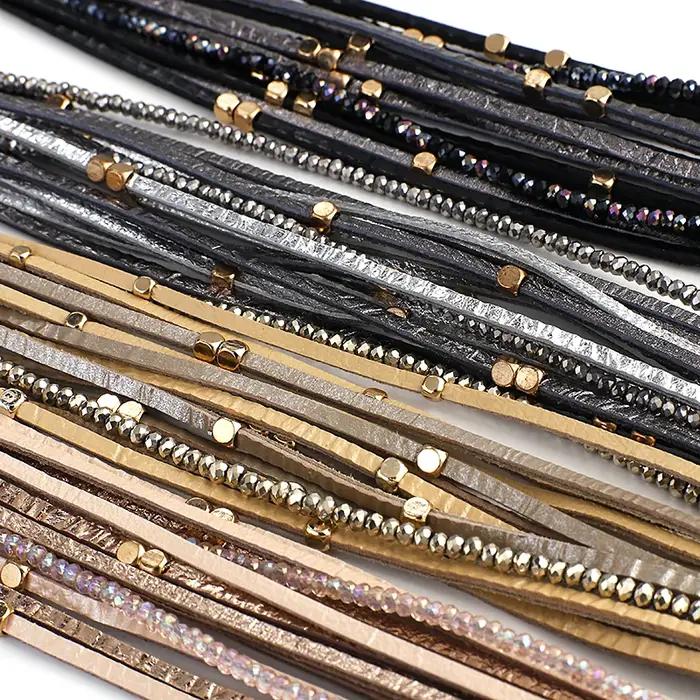 ALLYES Champagne Bracelets en cuir véritable pour femmes Boho multicouche métal charme résine perles