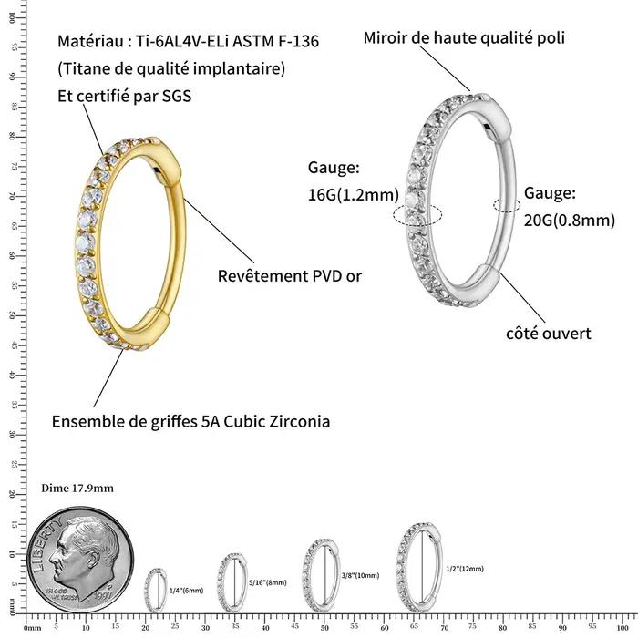 Boucle d'Oreille Huggie en Titane ASTM F136 avec Zirconium Cubique Pour Hommes Femmes Enfants Occasions Spéciales