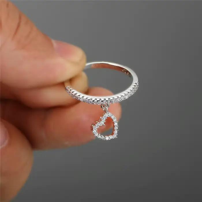 Bagues pendentif en cristal blanc pour femmes, bague de fiançailles couleur or Rose argent, Vintage, cœur d'amour, bijoux de mariage fins pour femmes