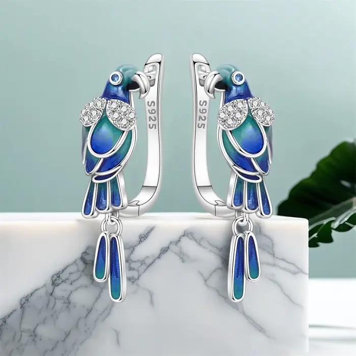 Boucles d'oreilles en argent Sterling 925 avec breloque perroquet bleu vert pour femmes, bijoux originaux et élégants pour occasions spéciales