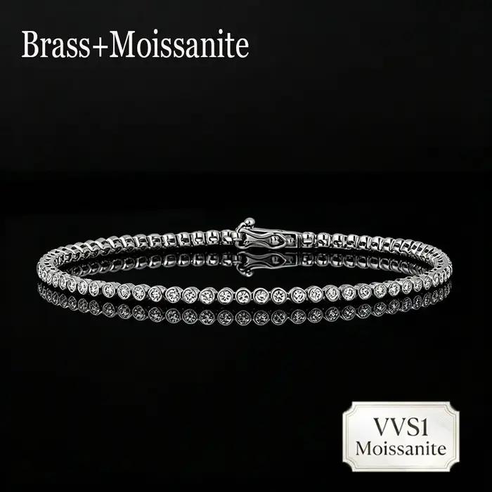 Bracelet tennis en laiton et moissanite VVS1 pour femmes et hommes, 2,5 mm, chaîne entièrement pavée