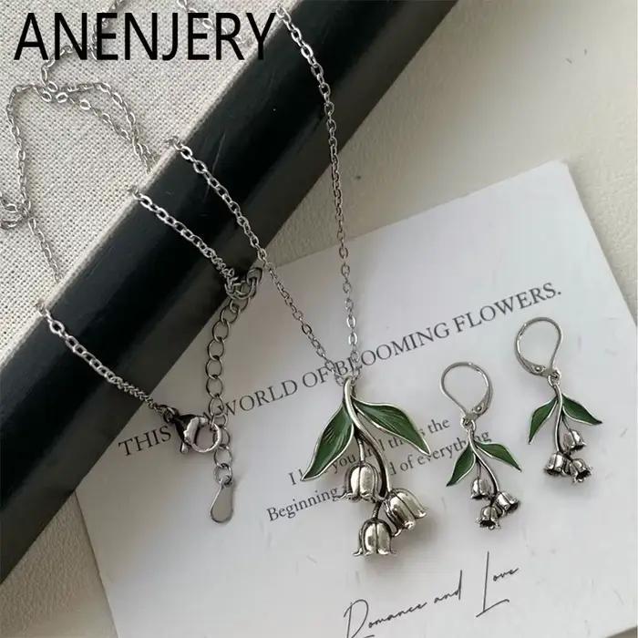 ANENJERY Thai argent linly fleur pendentif collier boucles d'oreilles pour les femmes délicat Vintage dame nouvelle tendance bijoux cadeaux en gros