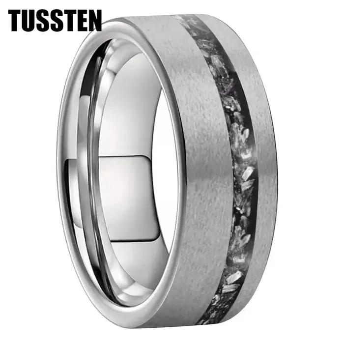 TUSSTEN Bague de mariage pour homme et femme 6/8 mm avec fragments de météorite incrustés dans la rainure décalée pour un ajustement confortable