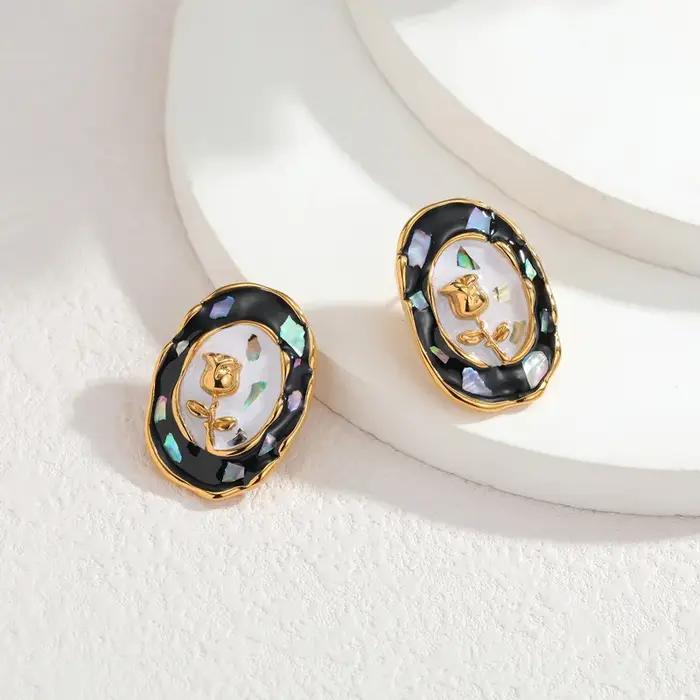 EILIECK – ensemble de collier et boucles d'oreilles ovales en émail avec fleurs