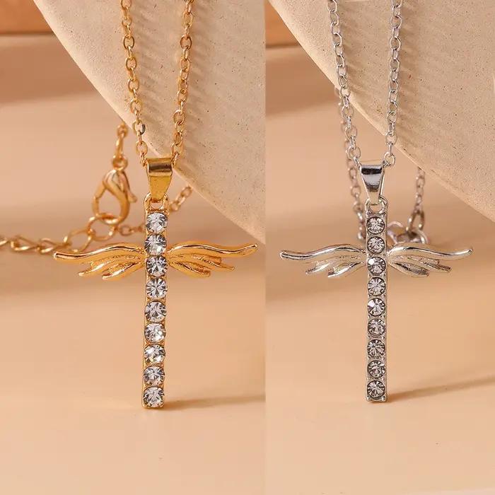 Collier croix aux ailes de cristal pour hommes et femmes, style gothique et punk, plaqué argent, or jaune clair, cuivre antique, occasions spéciales et quotidienne