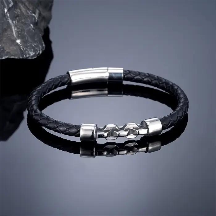 Bracelet en cuir tressé noir/rouge/bleu 6mm pour hommes, fait à la main, chaîne à maillons en acier