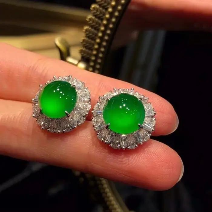 Grandes boucles d'oreilles en calcédoine verte Hetian naturelle incrustée, fleur ronde, bijoux de luxe rétro exagérés en argent, nouvelle collection
