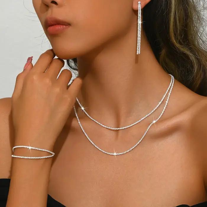 Ensemble de bijoux de collier et de Bracelet de chaîne de clavicule plaquée argent brillant