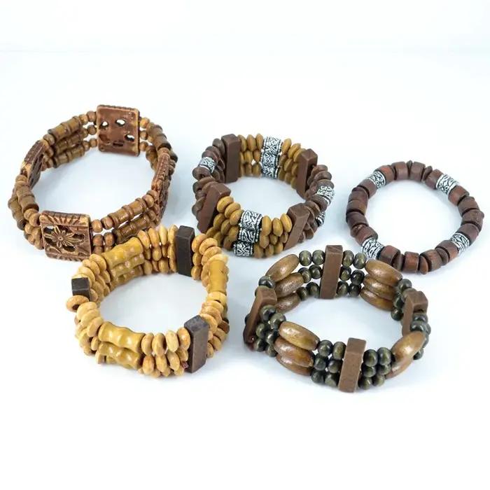 Bracelet perlé en bois ethnique pour homme et femme style traditionnel perles rondes à lacets bijou mode ocassions spéciales