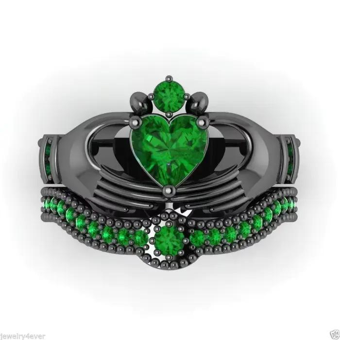 Bague classique de laboratoire émeraude Claddagh, ensemble de bagues de mariage en or blanc pour fem