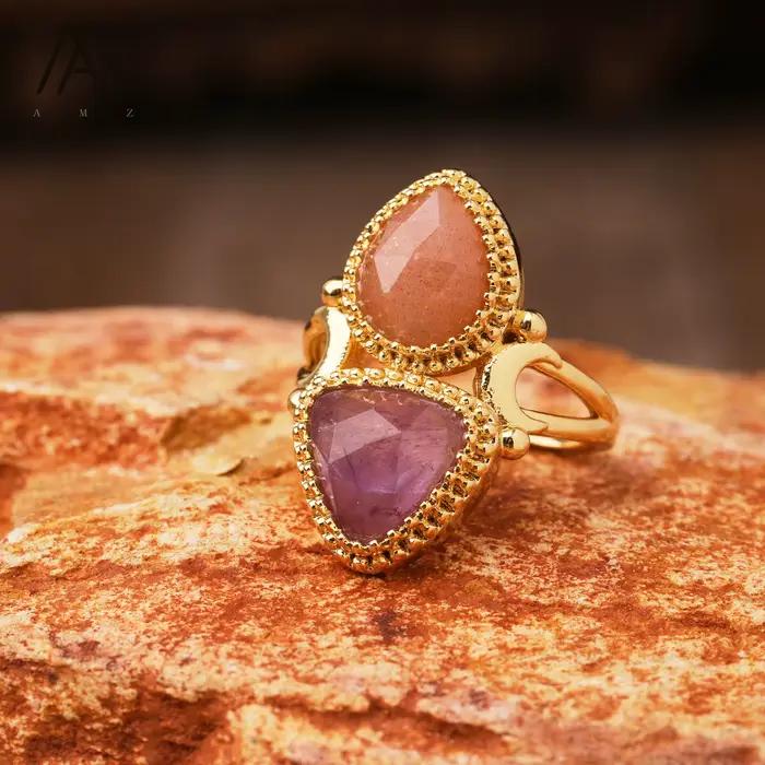 Bague réglable en forme de triangle avec pierres précieuses en cristal naturel, bijoux de mariage de créateur, alanding ysts