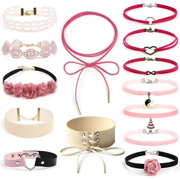 Collier en dentelle coloré pour femmes avec nœud en velours et perles, accessoire de mode pour filles, bijoux de cou, colliers ras du cou
