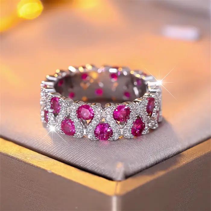 Bague de fiançailles en pierre ronde en cristal vert pour femmes, bague de mariage en Zircon Rose rouge, tendance, couleur argent, bijoux de fête de mariée