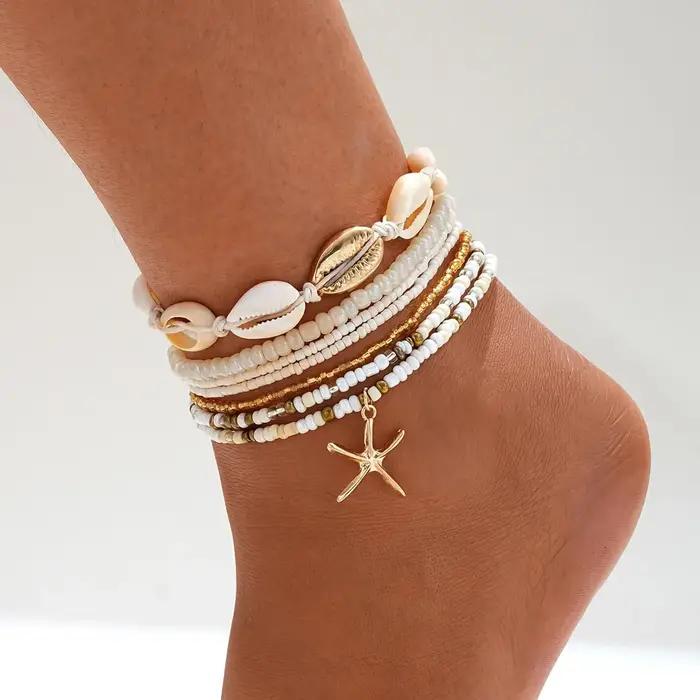 Ensemble de bracelets de cheville réglables en or plaqué avec motifs de coquilles de plage et étoiles de mer pour femmes occassions estivales et cadeaux
