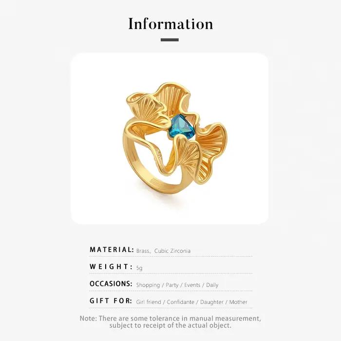 VAROLE Bague à bande florale à pétales ondulés pour femme Bague de déclaration géométrique italienne en laiton avec pierre précieuse bleue lumineuse