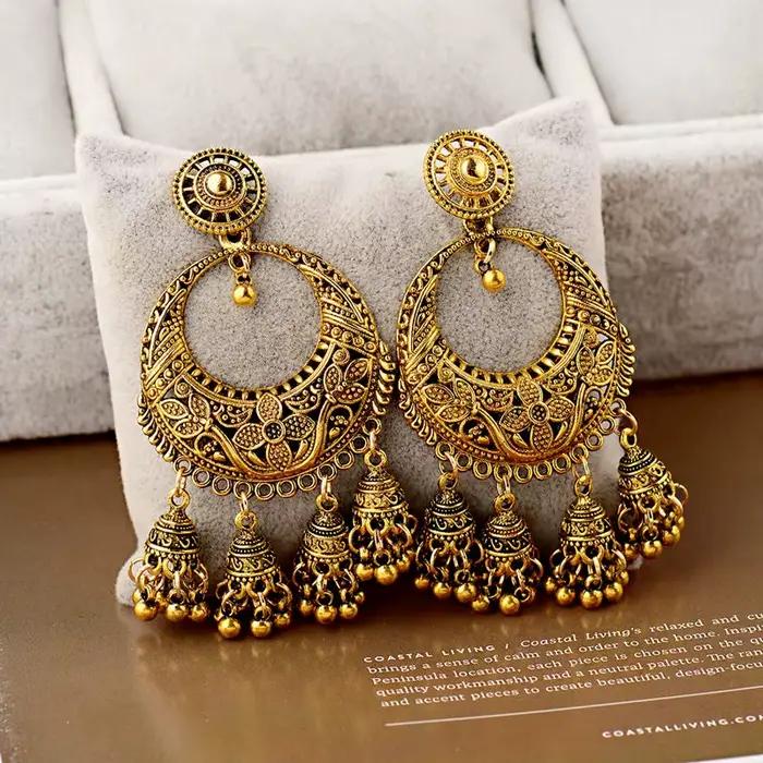 Boucles d'oreilles ethniques sculptées couleur or Jhumka Jhumki style Bohème cloche de fleur ronde pompon goutte d'eau pour femmes occasions spéciales mariage fiançailles anniversaire cadeau soirée vie quotidienne