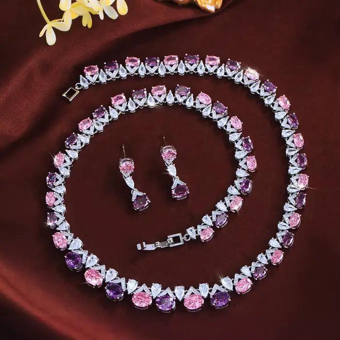 Pera – collier ovale de luxe en zircone rose et violette, boucles d'oreilles brillantes pour femmes, ensemble de bijoux pour mariage, banquet, soirée, J088