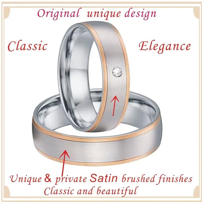 Bagues de mariage en acier inoxydable plaqué or rose avec zirconium blanc ou vert pour homme et femme occasions spéciales romantiques