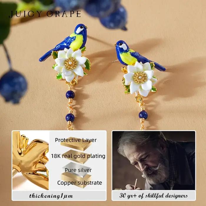 Boucles d'oreilles pompon oiseau bleu fleur blanche