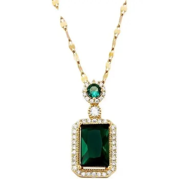 Collier pendentif géométrique carré émeraude de luxe pour femmes