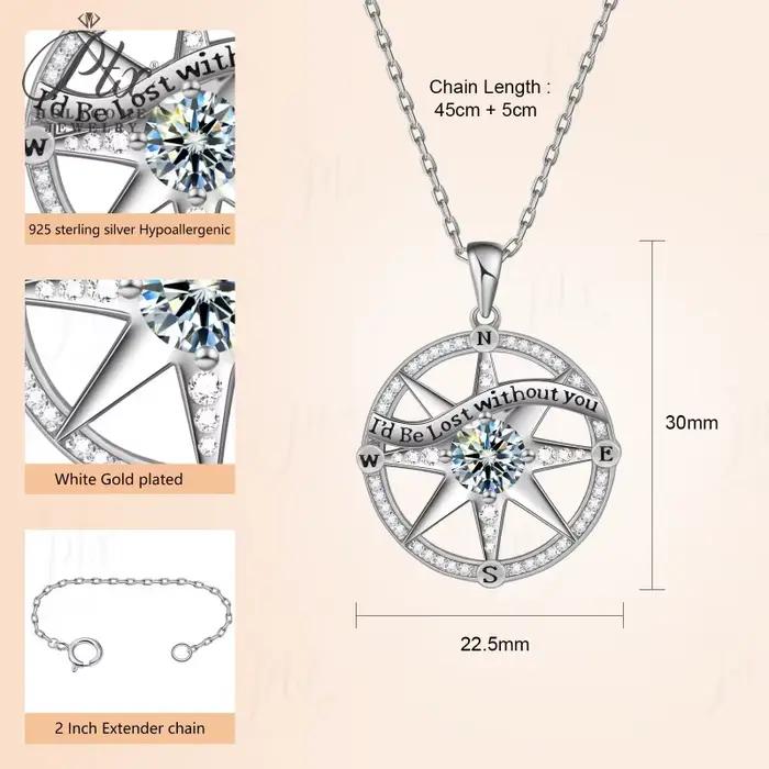 Pendentif Boussole Moissonite D VVS1 Collier en Argent Sterling 925 Hypoallergénique pour Femmes Occasions Spéciales