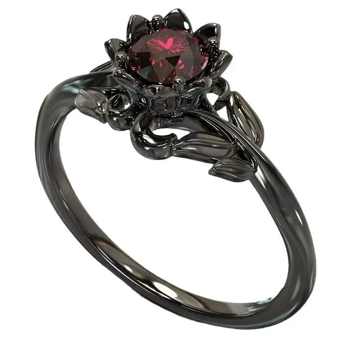 Bagues rondes à fleurs de couleur noire pour femmes