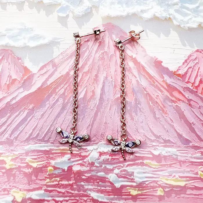 Libellule avec pierres boucles d'oreilles en or Rose, bijoux fins européens pour femmes, tout nouveau cadeau mignon en argent Sterling 925