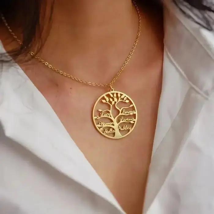 Collier pendentif personnalisé avec nom d'arbre de vie, collier avec nom de membre de la famille, bi