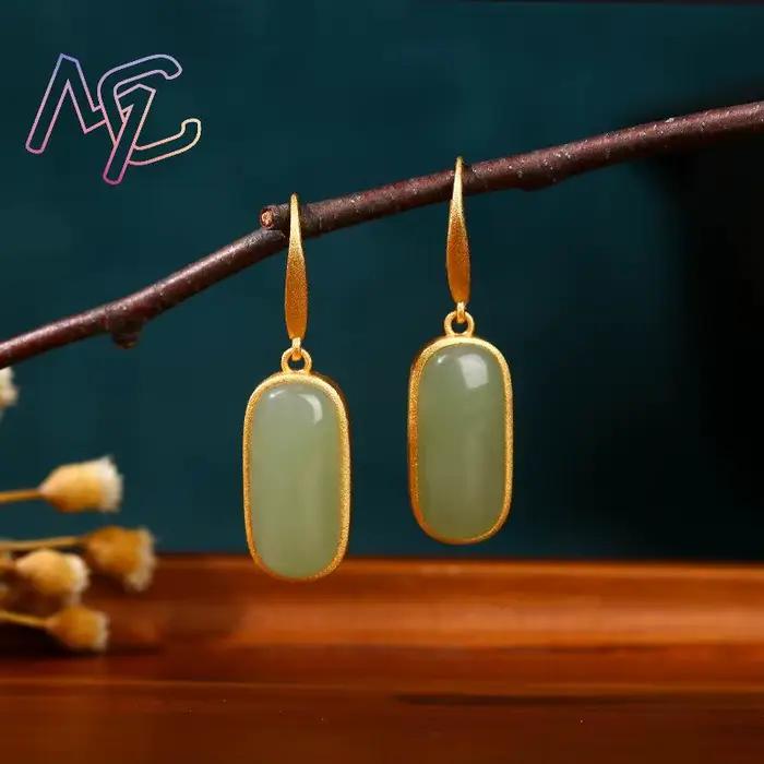 Boucles d'oreilles en Jade naturel porte-bonheur, accessoires de mode de luxe, pierre précieuse sculptée, bijoux réels, breloque de styliste Vintage