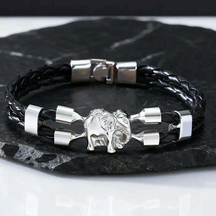 Bracelet en cuir d'éléphant vintage élégant pour hommes occasion spéciale cadeau chic bracelet chaîne et maillons acier inoxydable