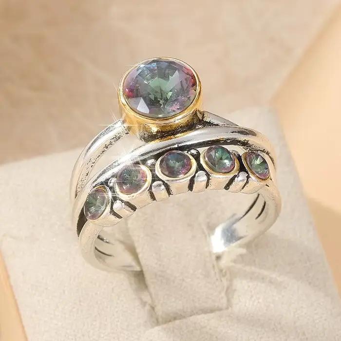 Bague antique incrustée de zircone synthétique verte plaquée argent pour femme