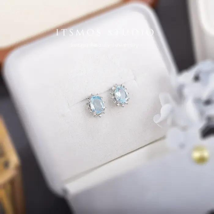 ITSMOS – boucles d'oreilles ovales en topaze bleue naturelle, 1,4 ct, pavé de CZ, en argent, avec pi